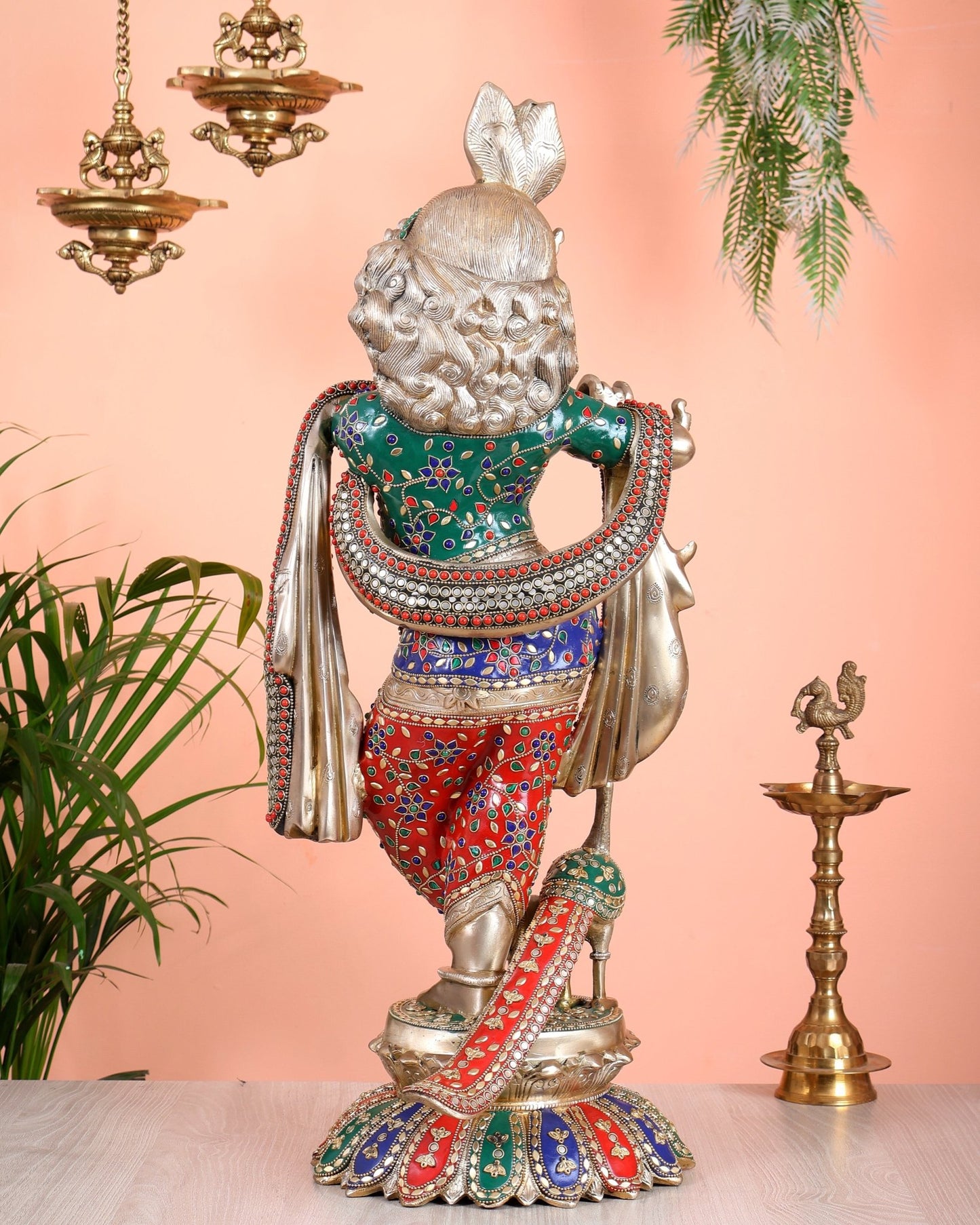 Pure Brass Superfine Krishna Statue with Peacock | Smiling Face | 27" advanced meenakari Stonework - Budhshiv.com