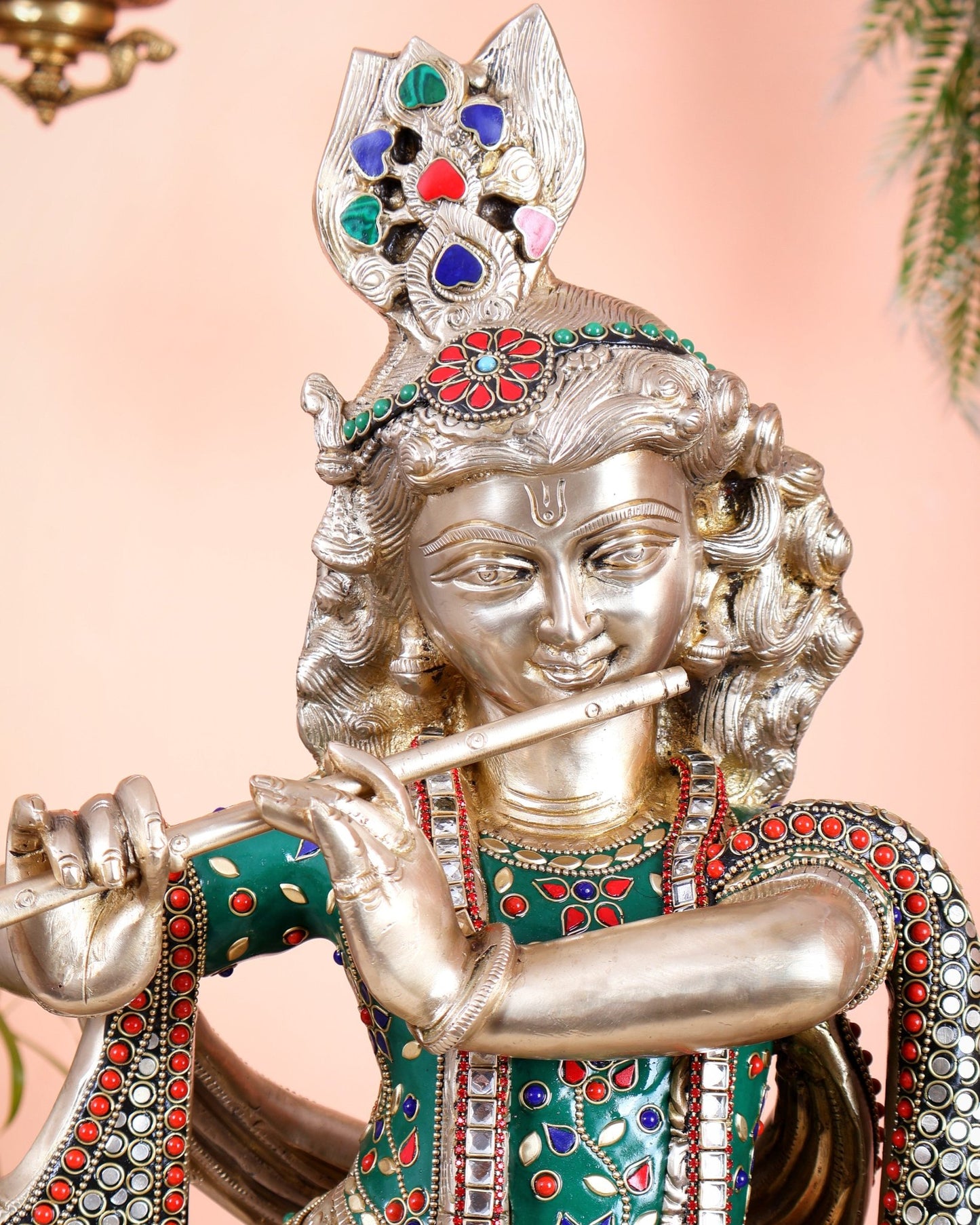 Pure Brass Superfine Krishna Statue with Peacock | Smiling Face | 27" advanced meenakari Stonework - Budhshiv.com