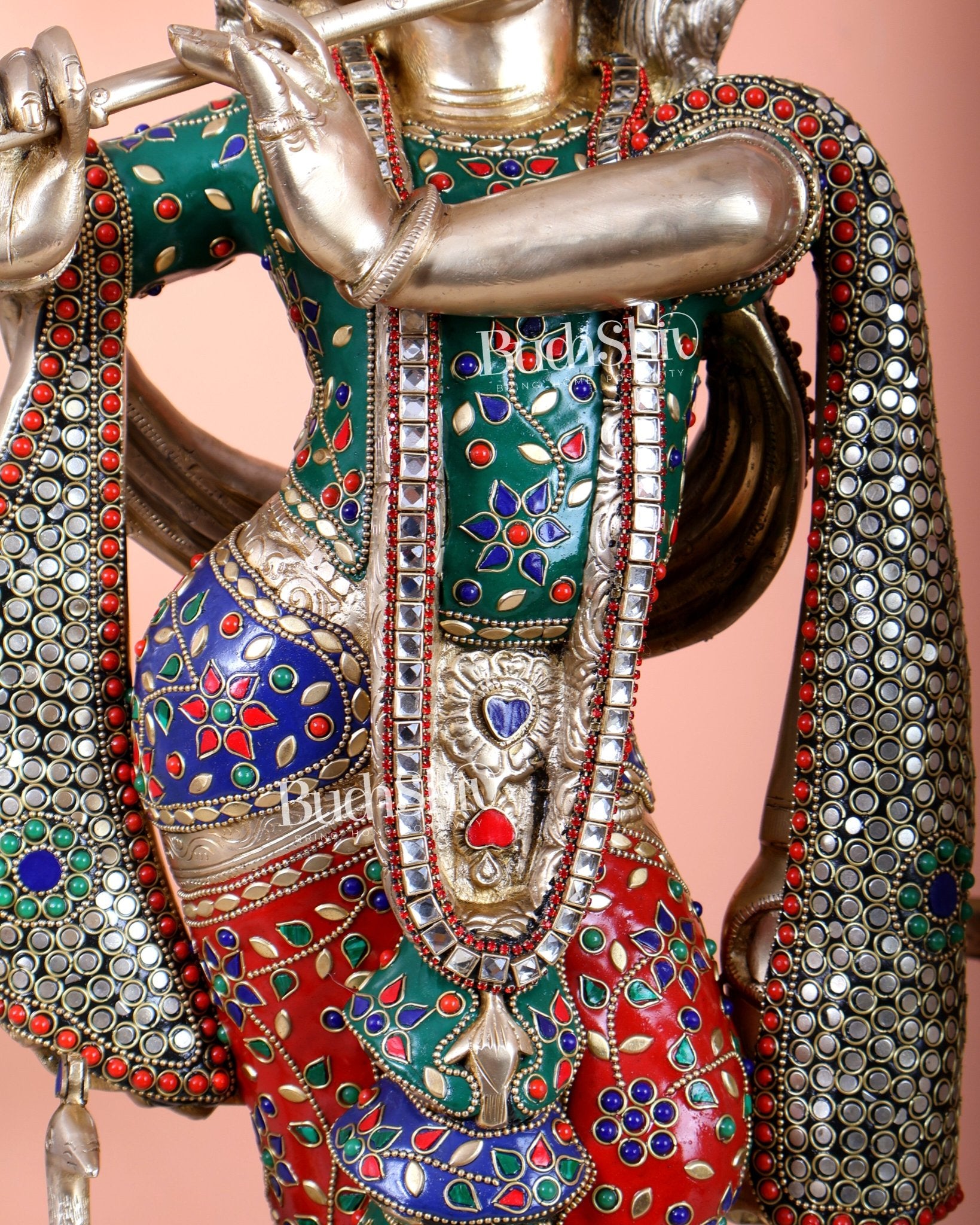 Pure Brass Superfine Krishna Statue with Peacock | Smiling Face | 27" advanced meenakari Stonework - Budhshiv.com