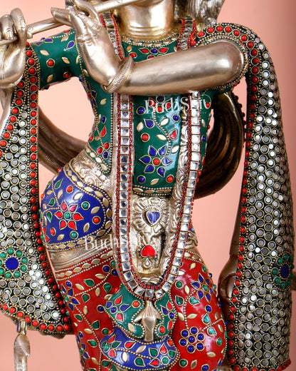 Pure Brass Superfine Krishna Statue with Peacock | Smiling Face | 27" advanced meenakari Stonework - Budhshiv.com