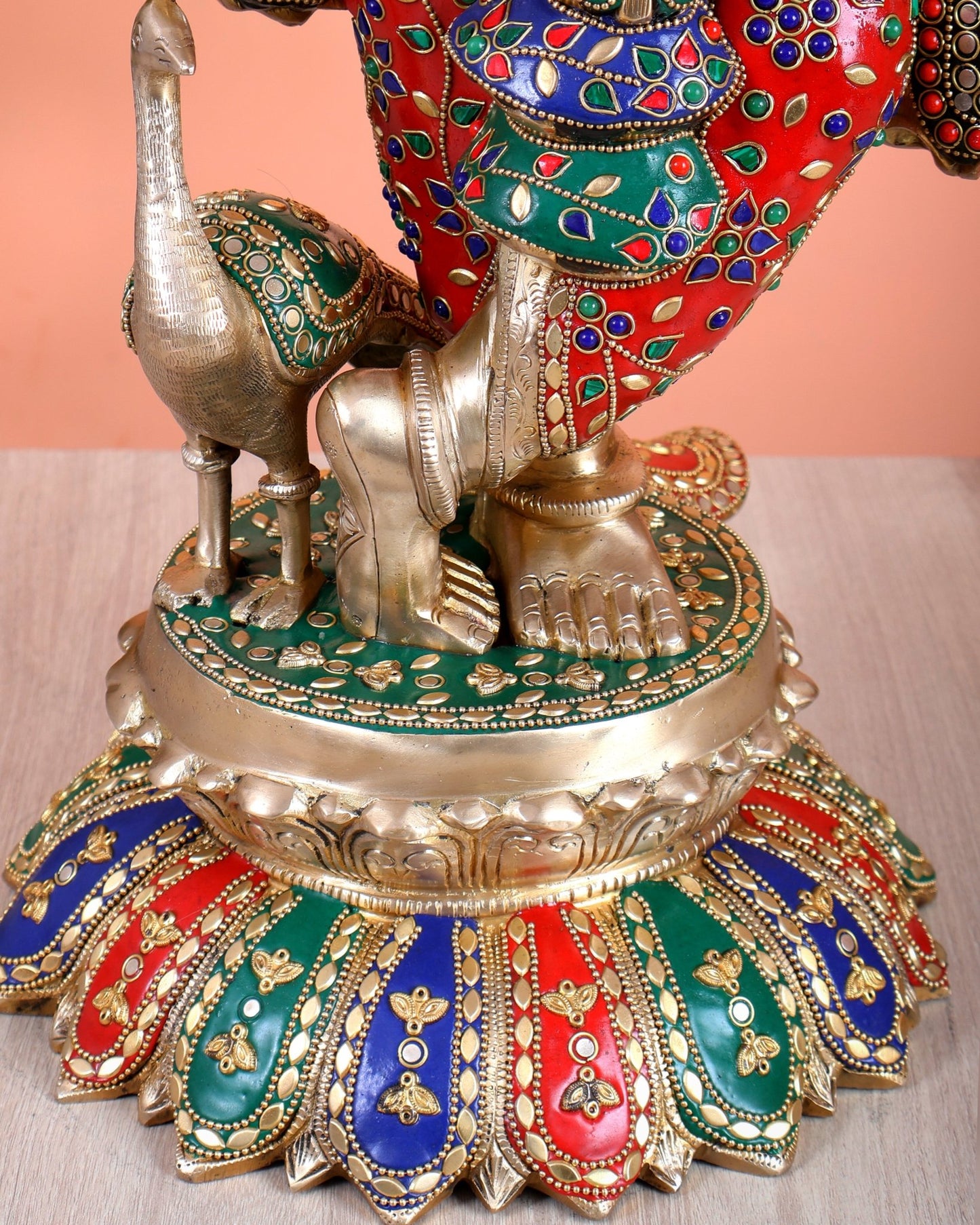 Pure Brass Superfine Krishna Statue with Peacock | Smiling Face | 27" advanced meenakari Stonework - Budhshiv.com