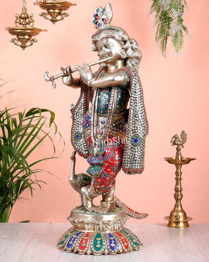 Pure Brass Superfine Krishna Statue with Peacock | Smiling Face | 27" advanced meenakari Stonework - Budhshiv.com