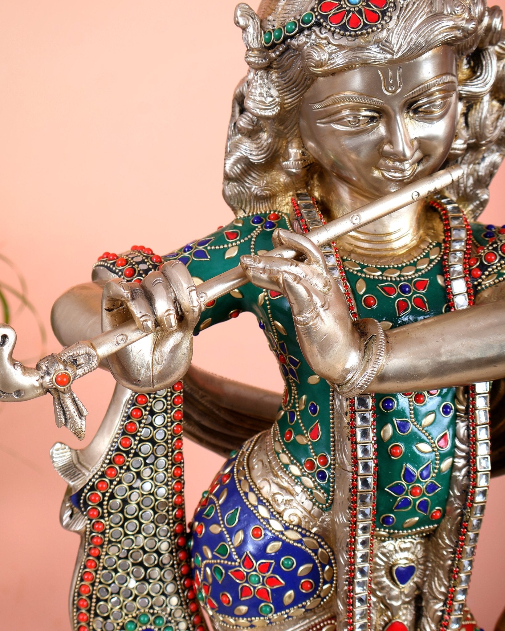 Pure Brass Superfine Krishna Statue with Peacock | Smiling Face | 27" advanced meenakari Stonework - Budhshiv.com