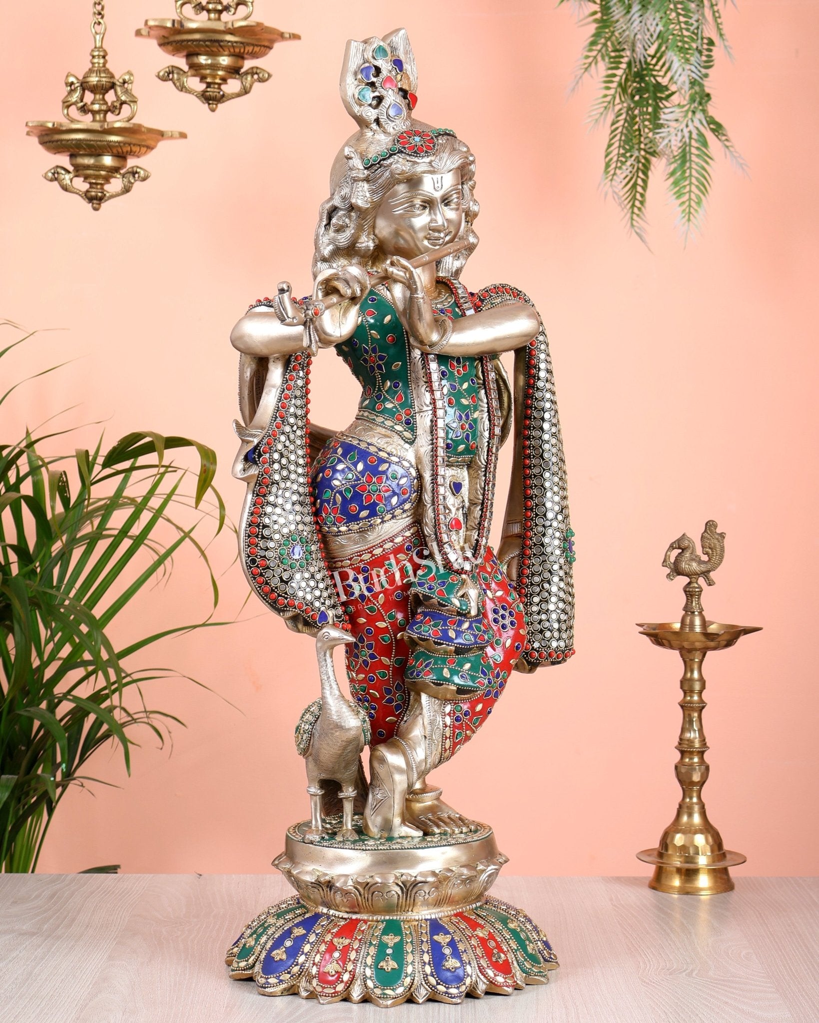 Pure Brass Superfine Krishna Statue with Peacock | Smiling Face | 27" advanced meenakari Stonework - Budhshiv.com