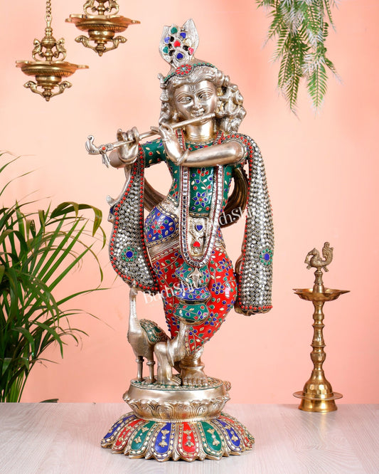 Pure Brass Superfine Krishna Statue with Peacock | Smiling Face | 27" advanced meenakari Stonework - Budhshiv.com