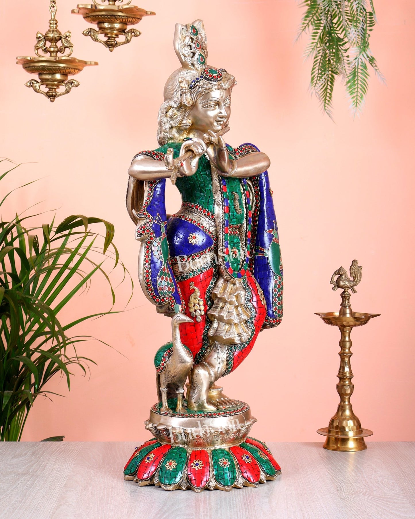 Pure Brass Superfine Krishna Statue with Peacock | Smiling Face | 27" advanced peacock Stonework - Budhshiv.com