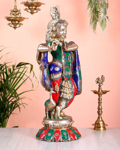 Pure Brass Superfine Krishna Statue with Peacock | Smiling Face | 27" advanced peacock Stonework - Budhshiv.com