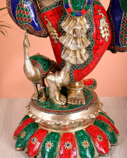 Pure Brass Superfine Krishna Statue with Peacock | Smiling Face | 27" advanced peacock Stonework - Budhshiv.com