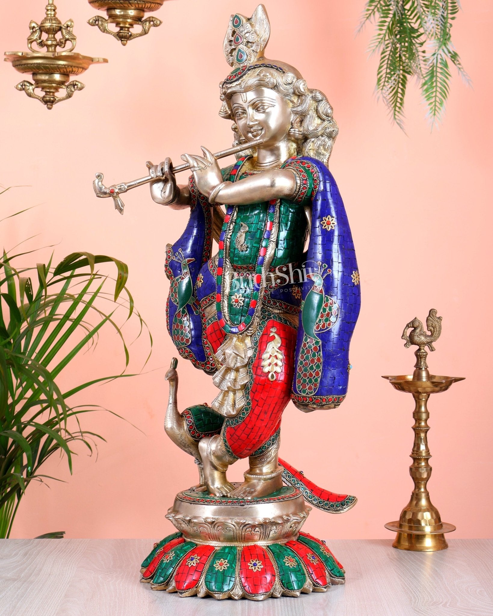 Pure Brass Superfine Krishna Statue with Peacock | Smiling Face | 27" advanced peacock Stonework - Budhshiv.com