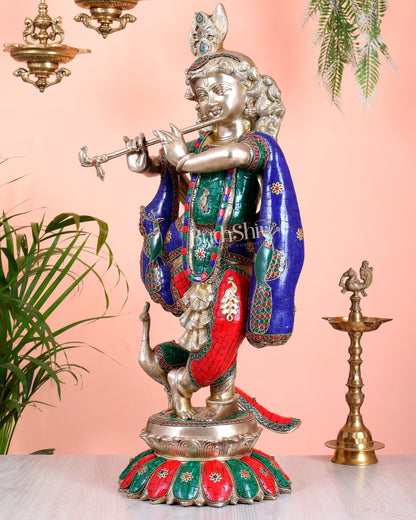 Pure Brass Superfine Krishna Statue with Peacock | Smiling Face | 27" advanced peacock Stonework - Budhshiv.com