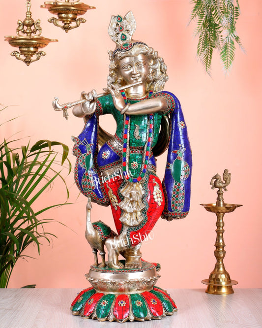 Pure Brass Superfine Krishna Statue with Peacock | Smiling Face | 27" advanced peacock Stonework - Budhshiv.com