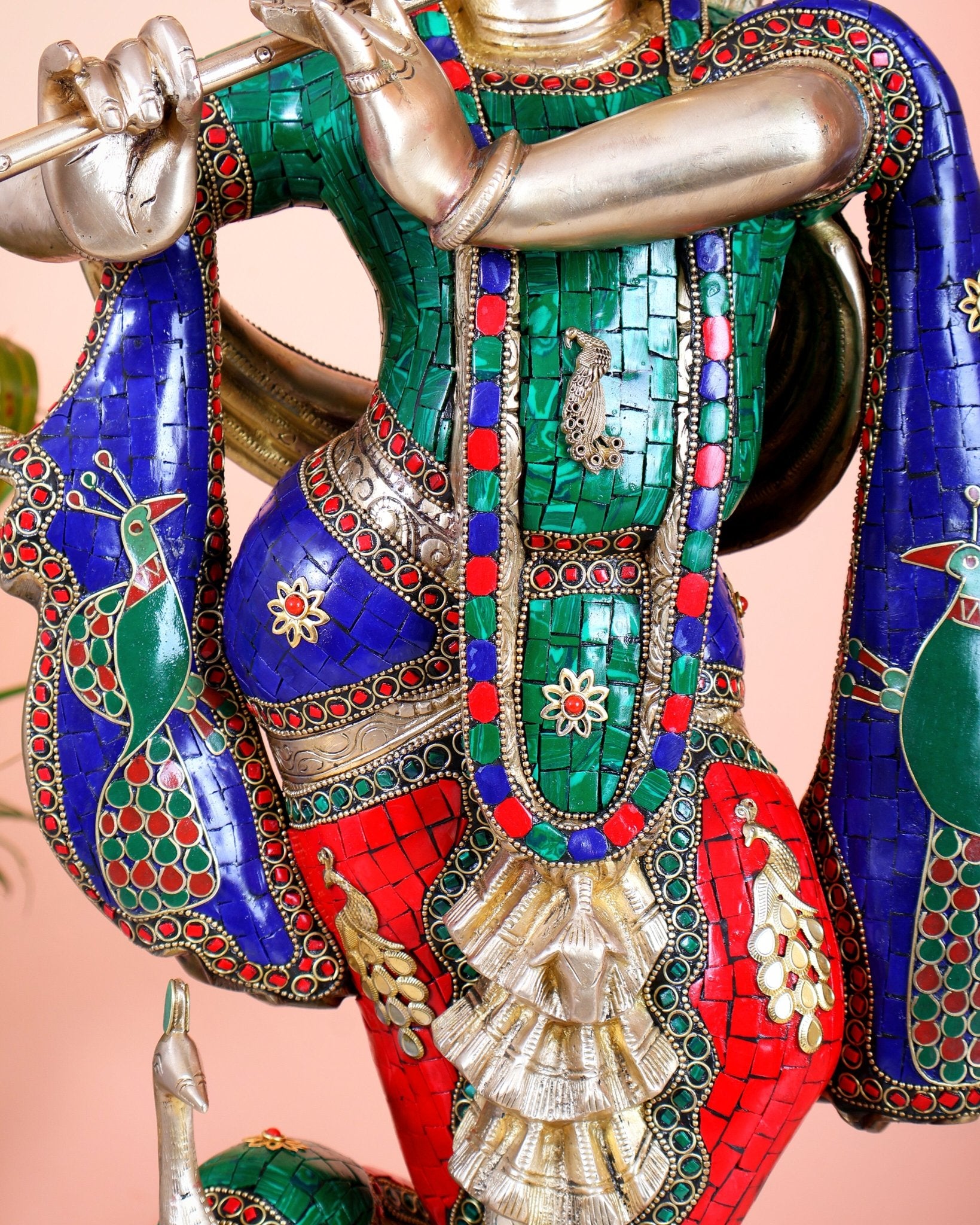 Pure Brass Superfine Krishna Statue with Peacock | Smiling Face | 27" advanced peacock Stonework - Budhshiv.com