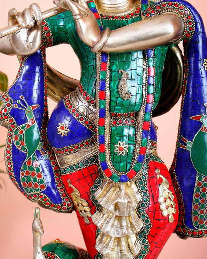 Pure Brass Superfine Krishna Statue with Peacock | Smiling Face | 27" advanced peacock Stonework - Budhshiv.com