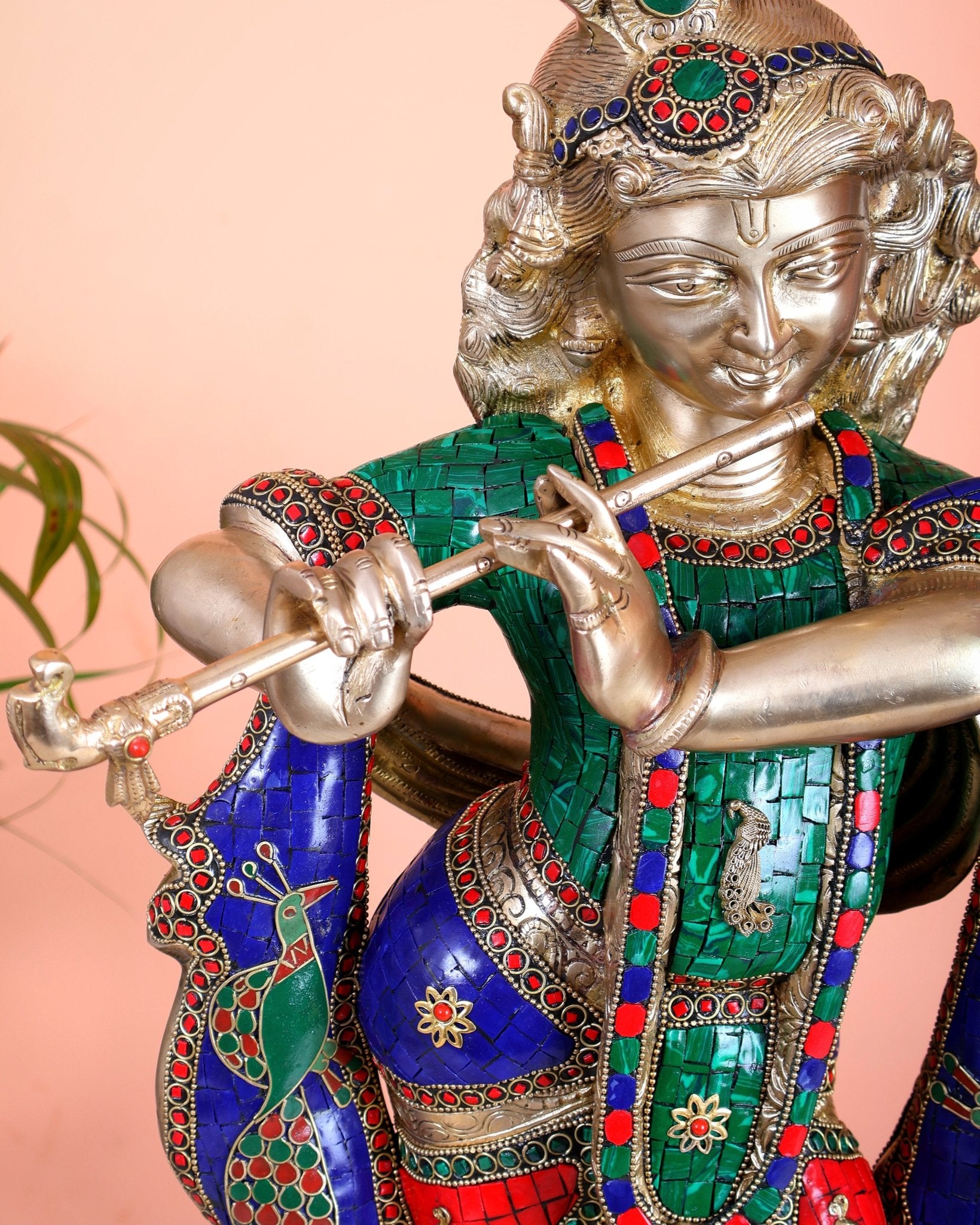 Pure Brass Superfine Krishna Statue with Peacock | Smiling Face | 27" advanced peacock Stonework - Budhshiv.com