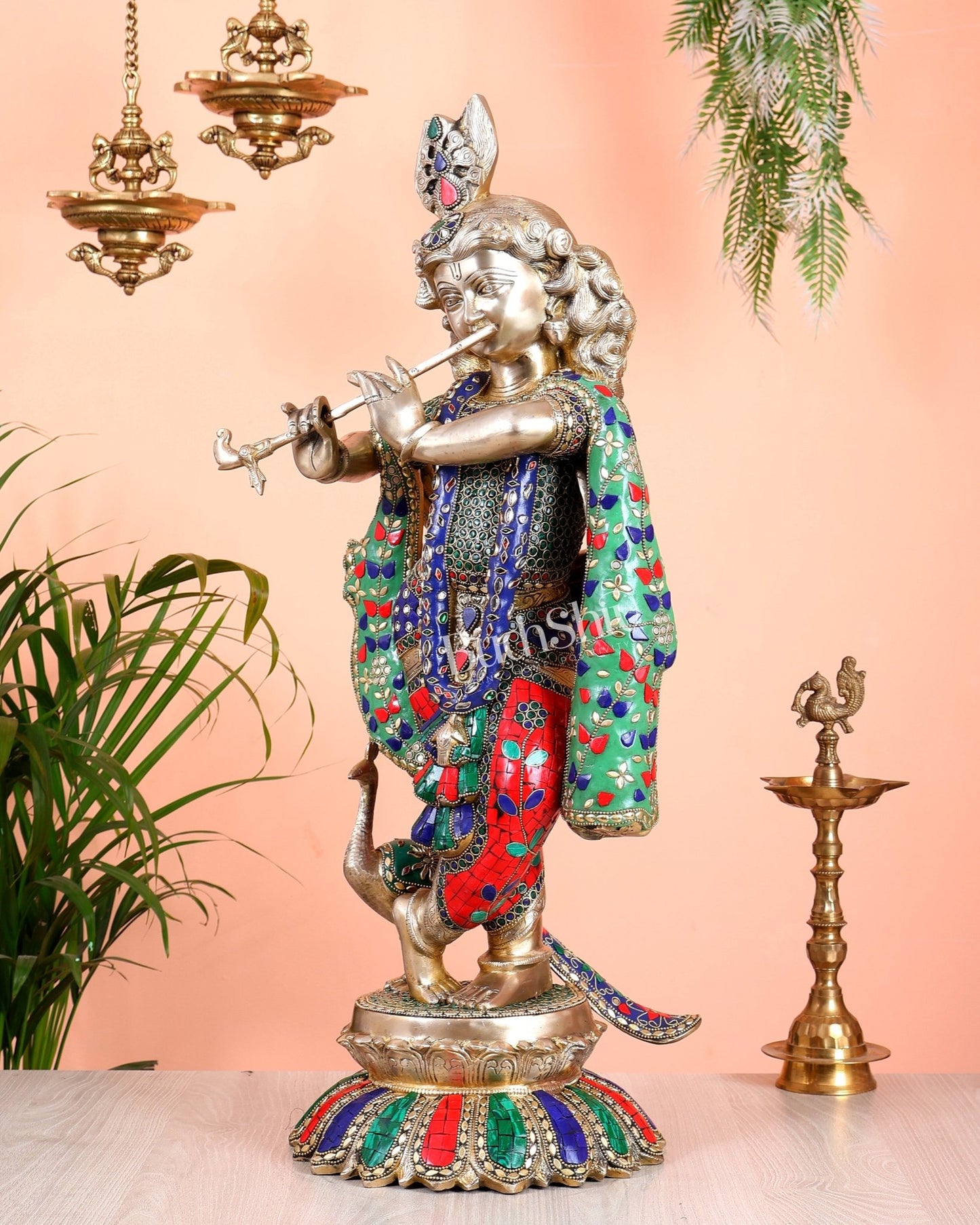 Pure Brass Superfine Krishna Statue with Peacock | Smiling Face | 27" superb meenakari - Budhshiv.com