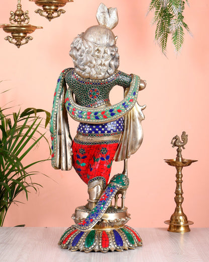 Pure Brass Superfine Krishna Statue with Peacock | Smiling Face | 27" superb meenakari - Budhshiv.com