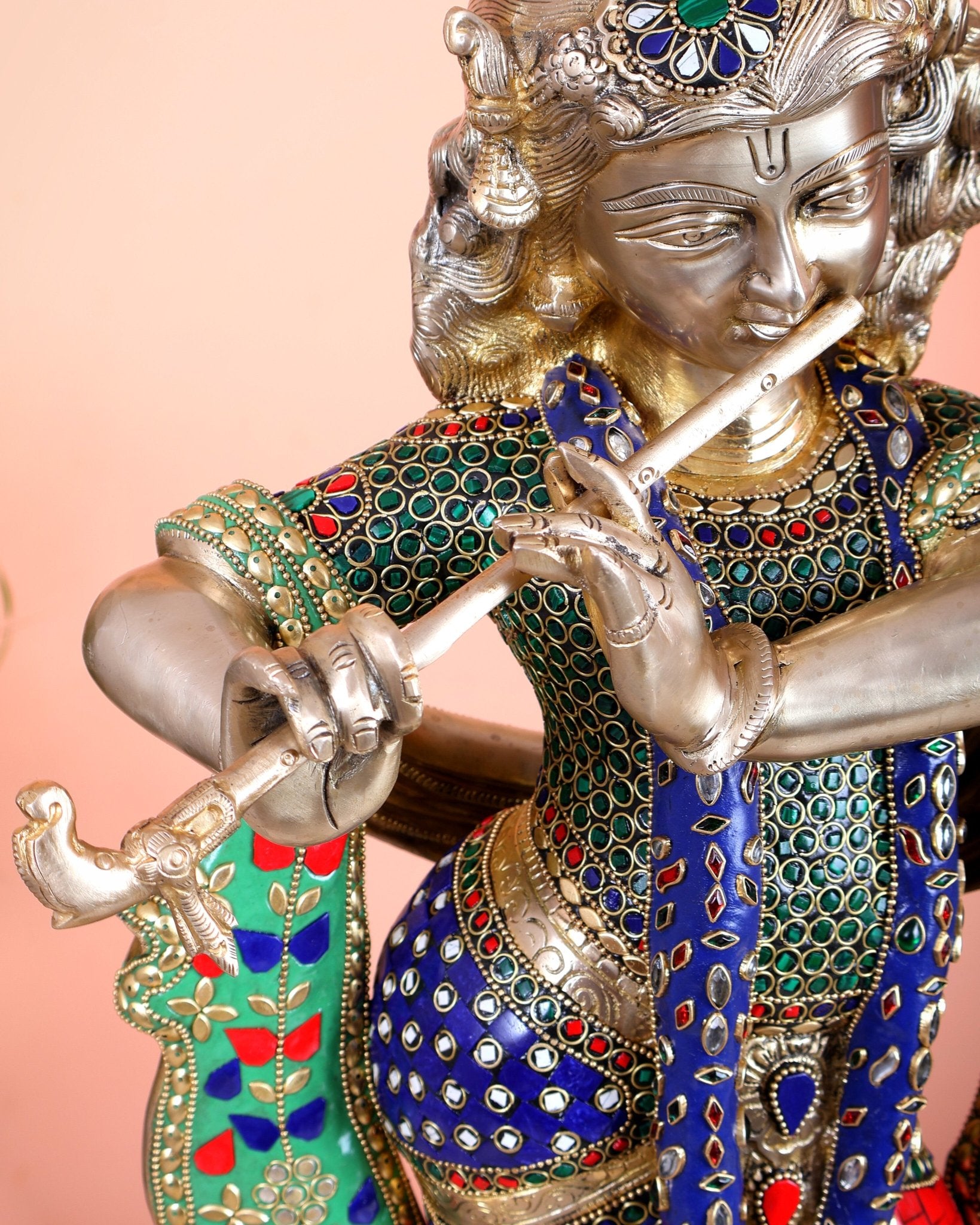 Pure Brass Superfine Krishna Statue with Peacock | Smiling Face | 27" superb meenakari - Budhshiv.com