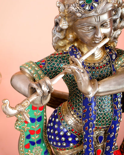 Pure Brass Superfine Krishna Statue with Peacock | Smiling Face | 27" superb meenakari - Budhshiv.com