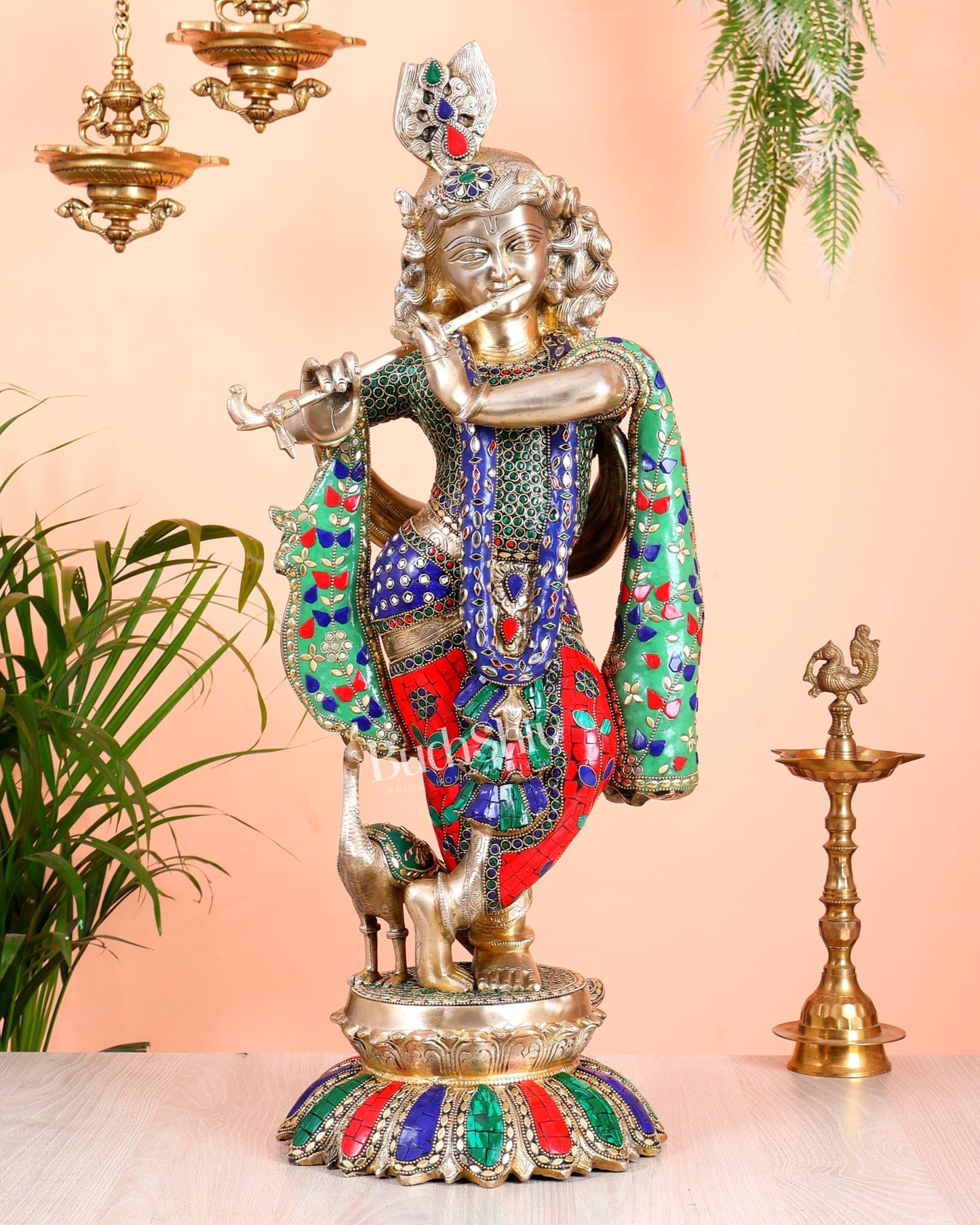 Pure Brass Superfine Krishna Statue with Peacock | Smiling Face | 27" superb meenakari - Budhshiv.com