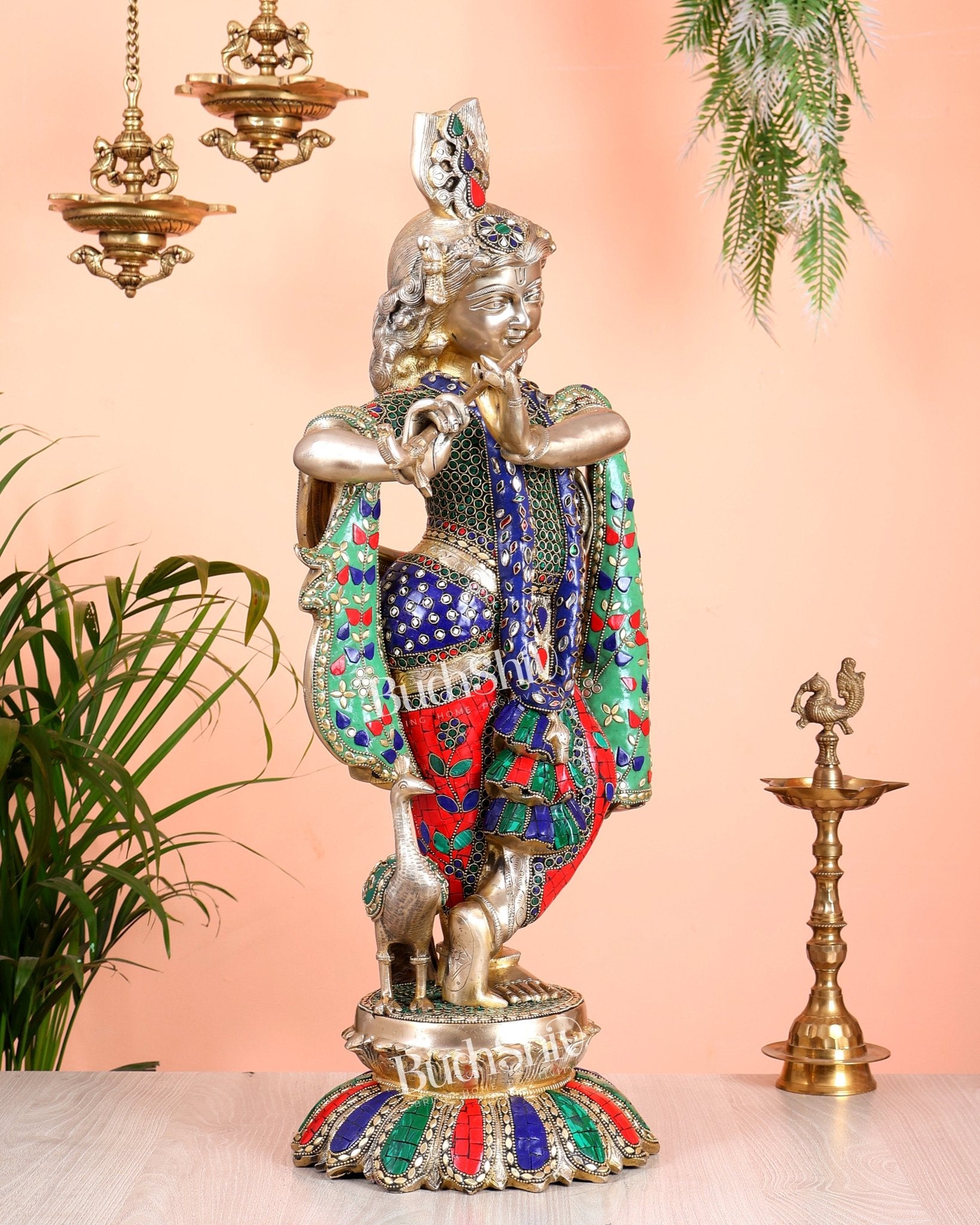 Pure Brass Superfine Krishna Statue with Peacock | Smiling Face | 27" superb meenakari - Budhshiv.com