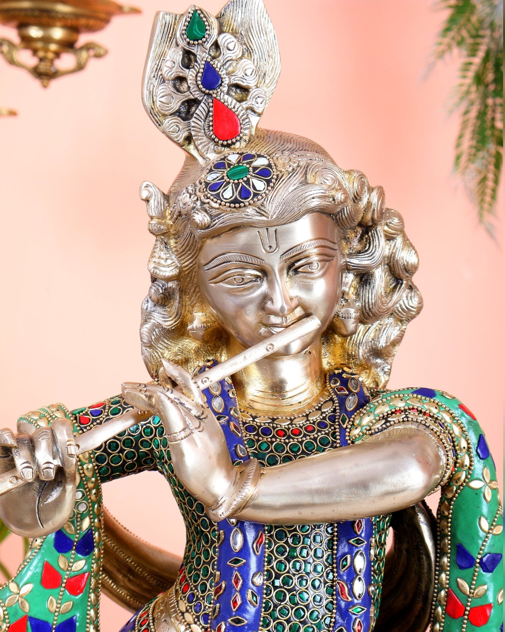 Pure Brass Superfine Krishna Statue with Peacock | Smiling Face | 27" superb meenakari - Budhshiv.com