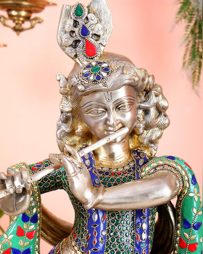 Pure Brass Superfine Krishna Statue with Peacock | Smiling Face | 27" superb meenakari - Budhshiv.com