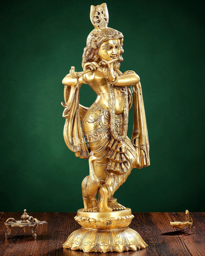 Pure Brass Superfine Krishna Statue with Peacock | Smiling Face | 27" - Budhshiv.com