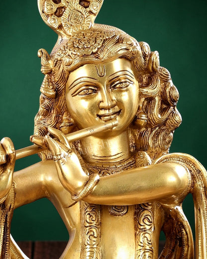 Pure Brass Superfine Krishna Statue with Peacock | Smiling Face | 27" - Budhshiv.com