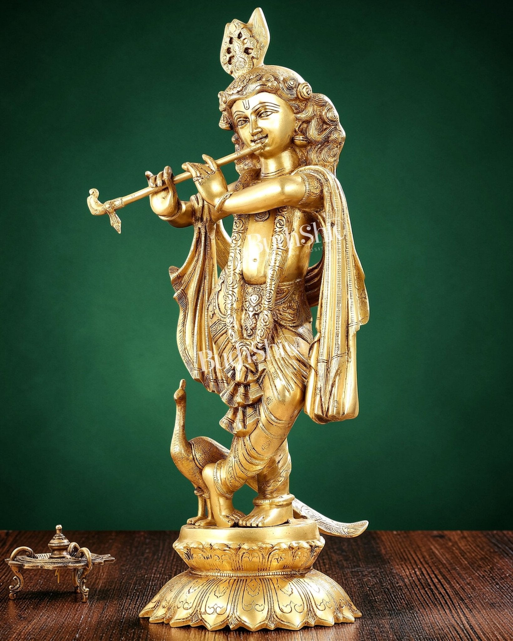 Pure Brass Superfine Krishna Statue with Peacock | Smiling Face | 27" - Budhshiv.com