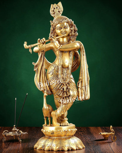 Pure Brass Superfine Krishna Statue with Peacock | Smiling Face | 27" - Budhshiv.com