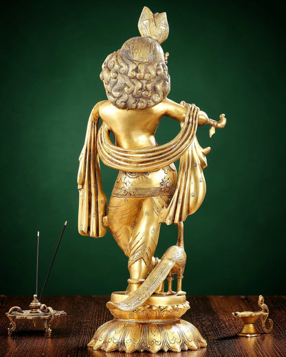 Pure Brass Superfine Krishna Statue with Peacock | Smiling Face | 27" - Budhshiv.com
