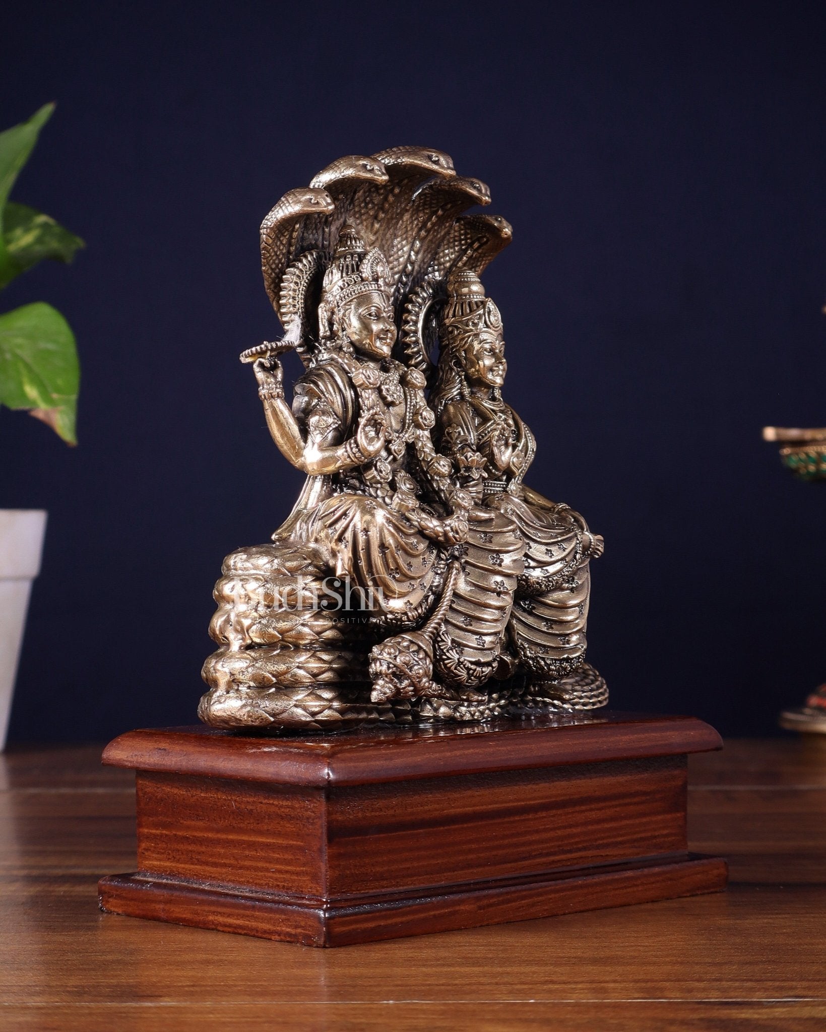 Pure Brass Superfine Lakshmi Narayan on Sheshanaag – on Wooden Base (7 Inch) - Budhshiv.com
