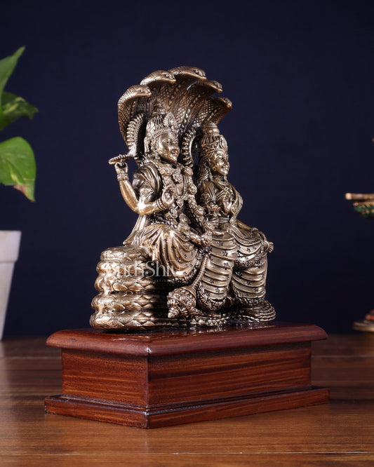 Pure Brass Superfine Lakshmi Narayan on Sheshanaag – on Wooden Base (7 Inch) - Budhshiv.com