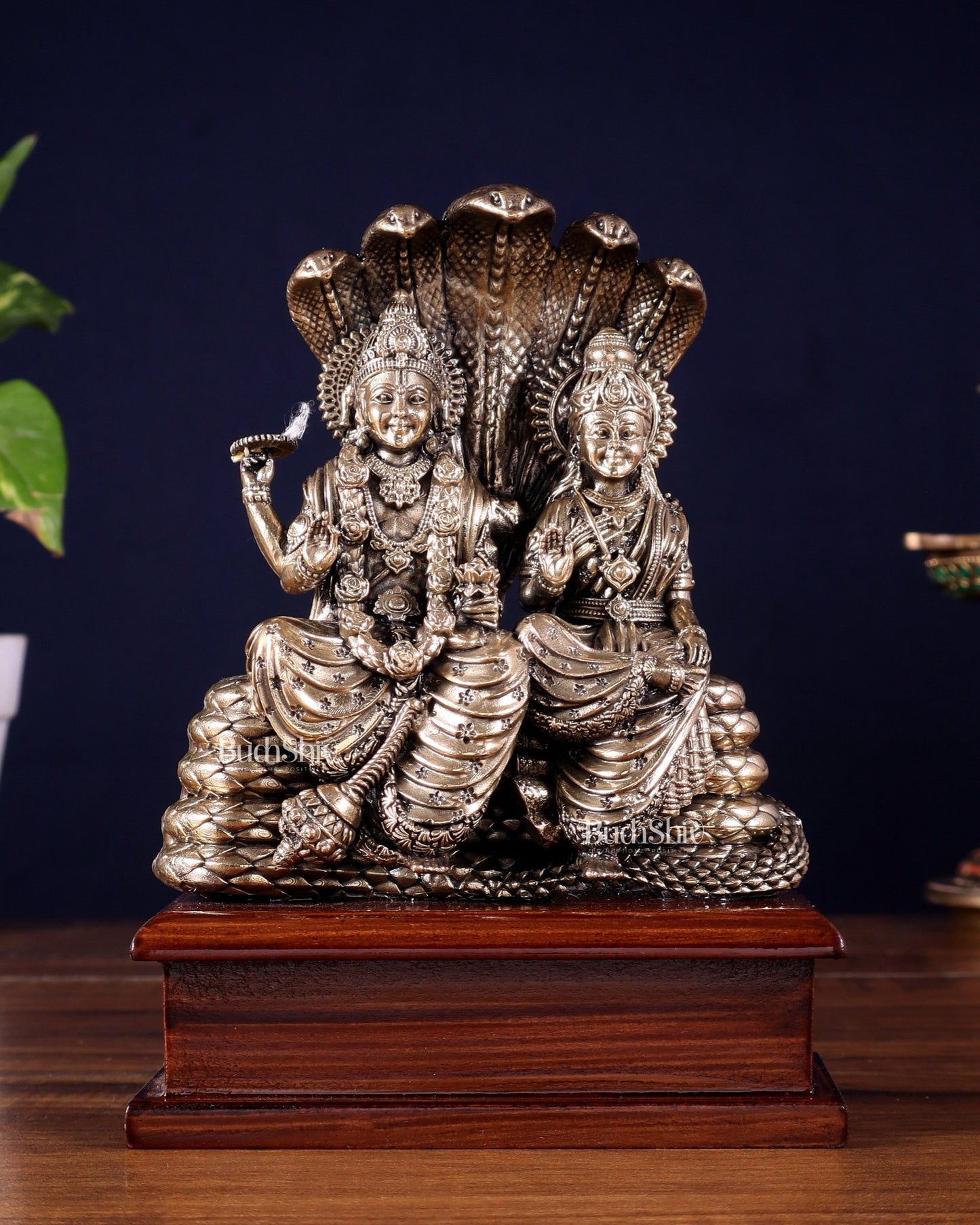 Pure Brass Superfine Lakshmi Narayan on Sheshanaag – on Wooden Base (7 Inch) - Budhshiv.com