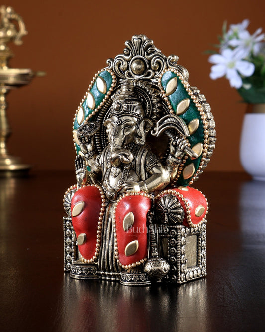 Pure Brass Superfine Lord Ganesha as Lalbaugcha Raja - 3.8" meenakari - Budhshiv.com