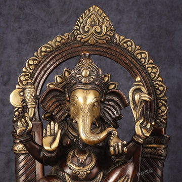 Pure Brass Superfine Lord Ganesha Seated on Throne Dual Tone Sculpture - 17" - Budhshiv.com