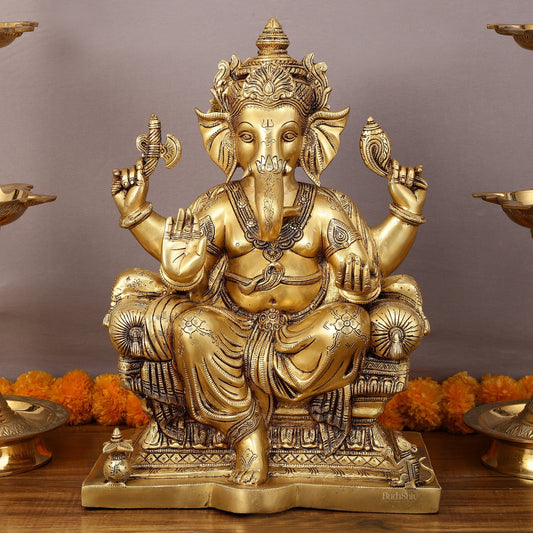 Pure Brass Superfine Lord Ganesha Seated on Throne Statue - 18" Majestic Idol - Budhshiv.com