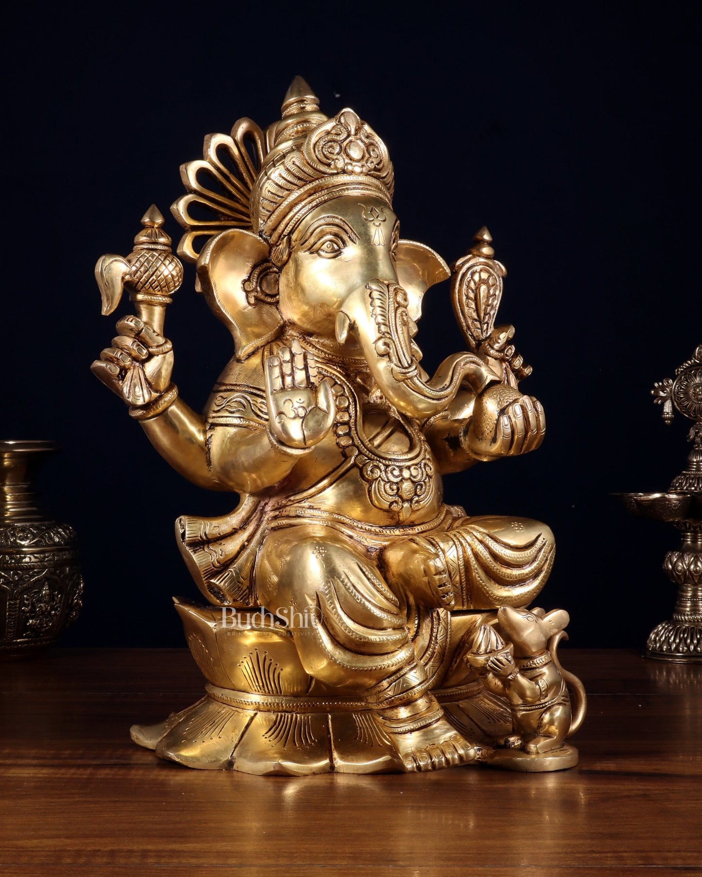 Pure Brass Superfine Lord Ganesha Statue – 14 Inch | Intricately Carved & Majestic Form - Budhshiv.com