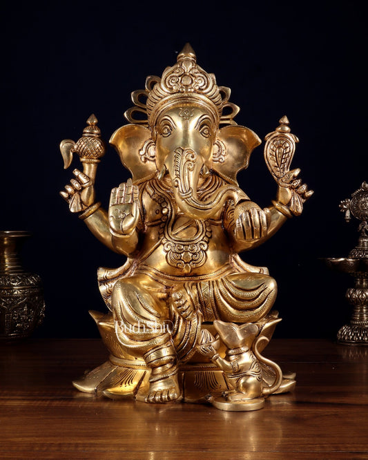 Pure Brass Superfine Lord Ganesha Statue – 14 Inch | Intricately Carved & Majestic Form - Budhshiv.com