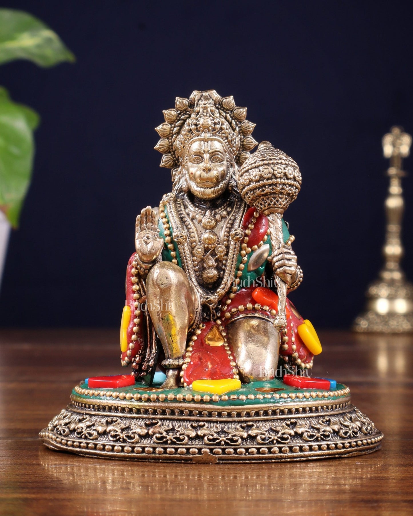 Pure Brass Superfine Lord Hanuman Idol - 3.5 inch with stonework - Budhshiv.com