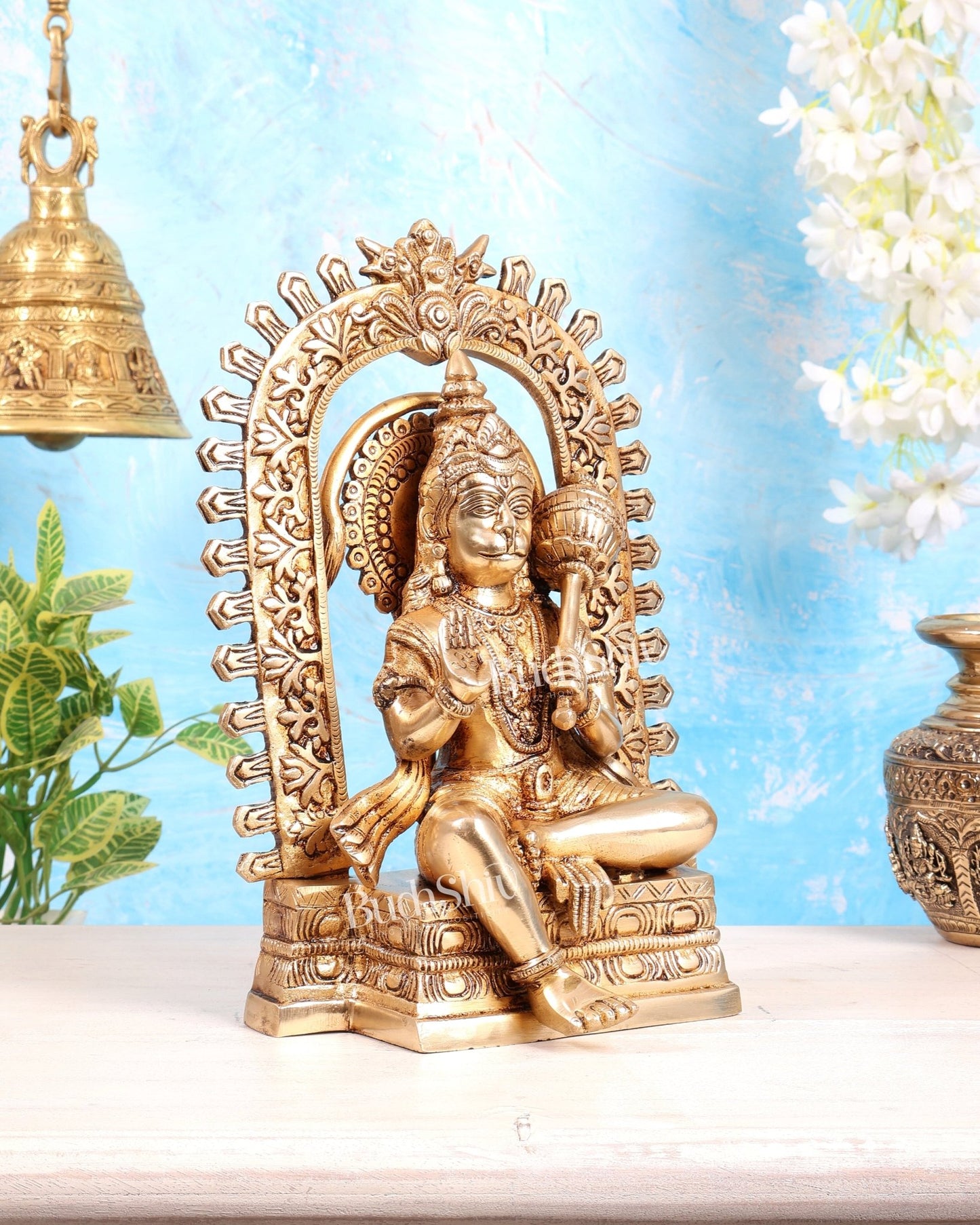 Pure Brass Superfine Lord Hanuman idol on throne with Prabhavali aura - 11 inch - Budhshiv.com
