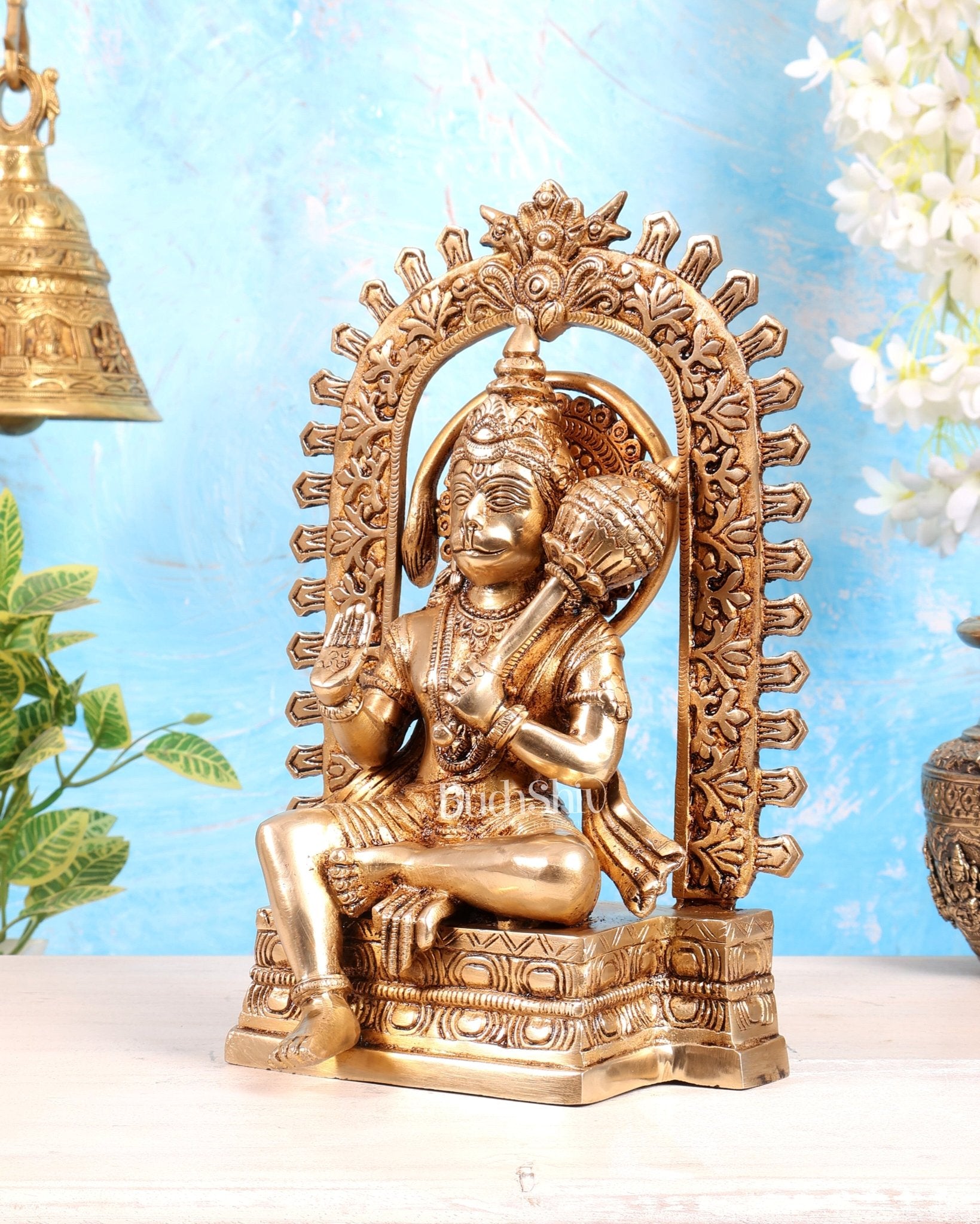 Pure Brass Superfine Lord Hanuman idol on throne with Prabhavali aura - 11 inch - Budhshiv.com