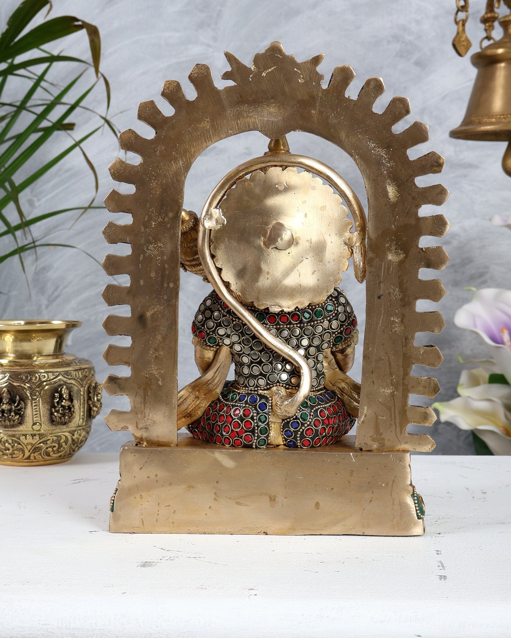 Pure Brass Superfine Lord Hanuman idol on throne with Prabhavali aura stonework - 11 inch - Budhshiv.com