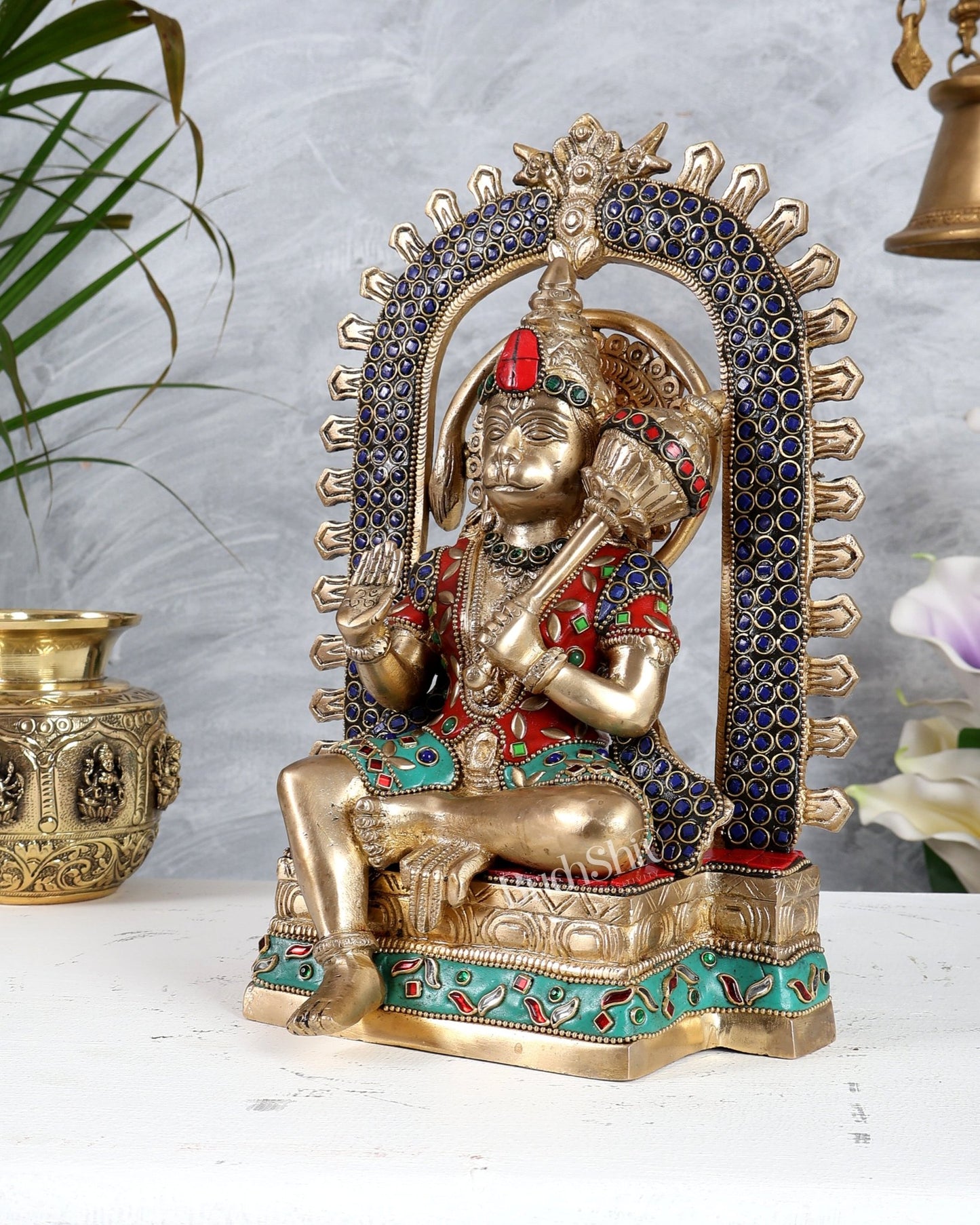 Pure Brass Superfine Lord Hanuman idol on throne with Prabhavali aura stonework - 11 inch - Budhshiv.com