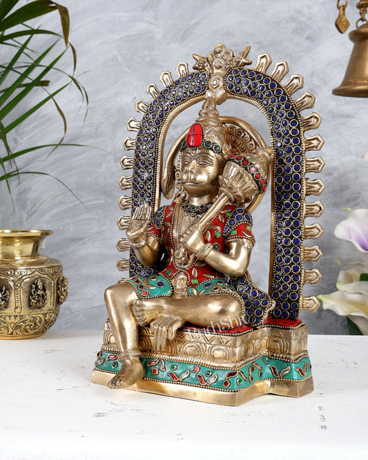 Pure Brass Superfine Lord Hanuman idol on throne with Prabhavali aura stonework - 11 inch - Budhshiv.com