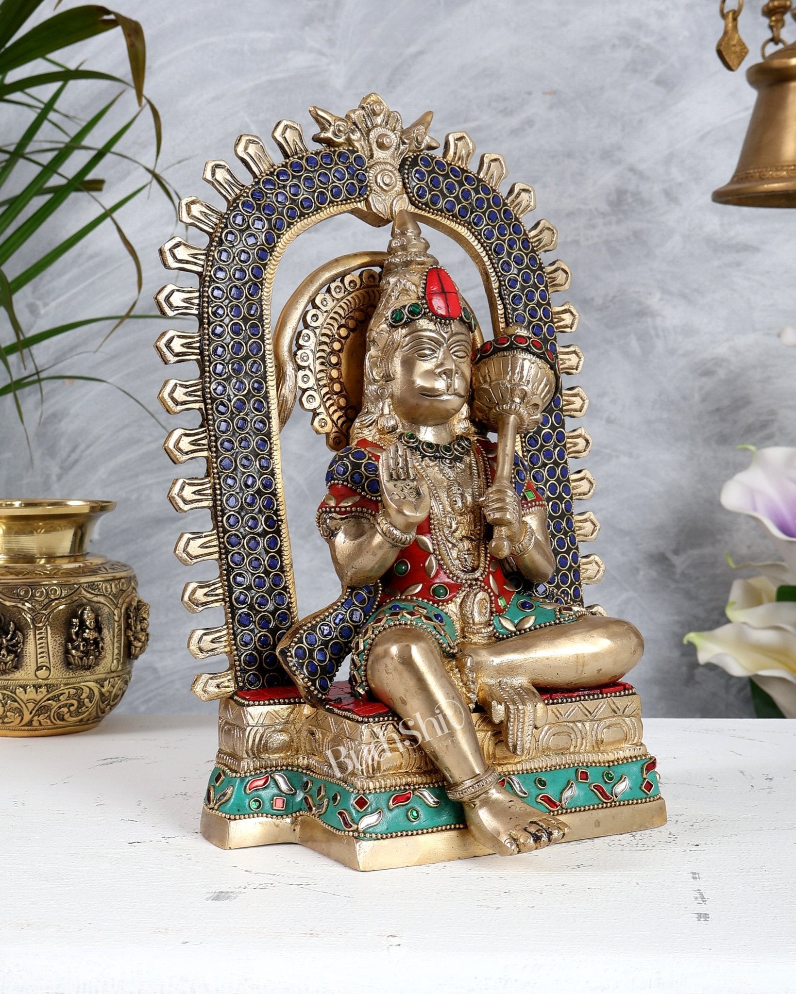 Pure Brass Superfine Lord Hanuman idol on throne with Prabhavali aura stonework - 11 inch - Budhshiv.com