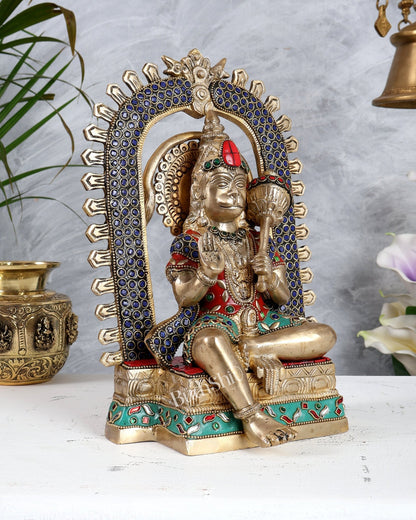 Pure Brass Superfine Lord Hanuman idol on throne with Prabhavali aura stonework - 11 inch - Budhshiv.com