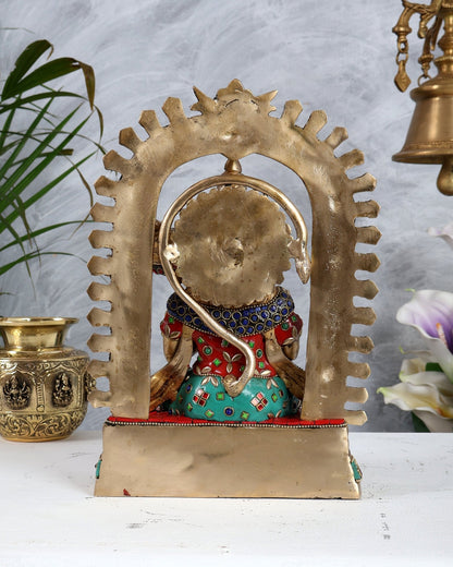 Pure Brass Superfine Lord Hanuman idol on throne with Prabhavali aura stonework - 11 inch - Budhshiv.com