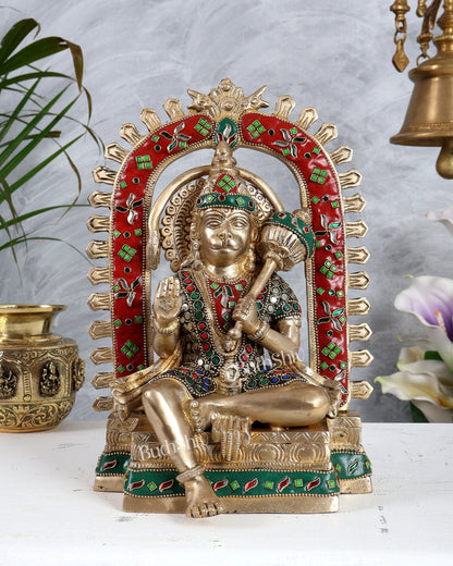 Pure Brass Superfine Lord Hanuman idol on throne with Prabhavali aura stonework - 11 inch - Budhshiv.com