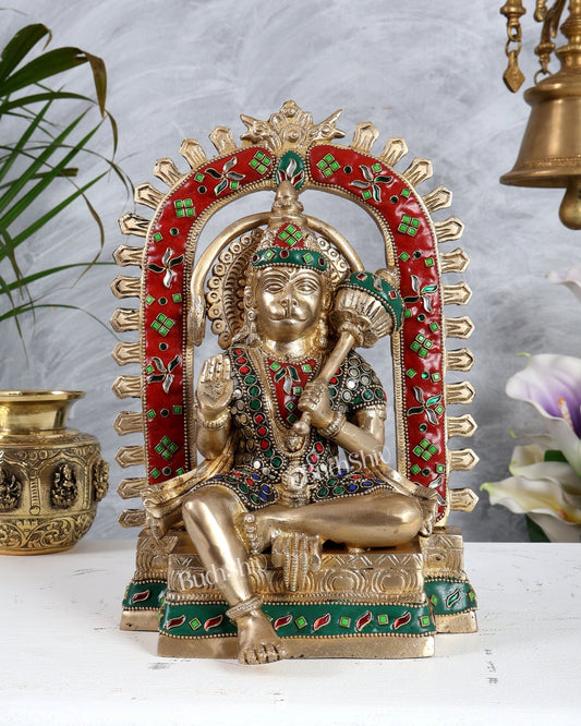 Pure Brass Superfine Lord Hanuman idol on throne with Prabhavali aura stonework - 11 inch - Budhshiv.com